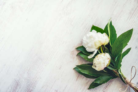 Top view of a bouquet of white peonies flowers over white wooden rustic background. Copy space.の写真素材