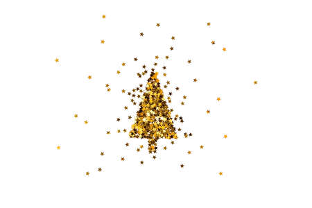 Christmas tree made of gold star shaped sequins. White background.の写真素材