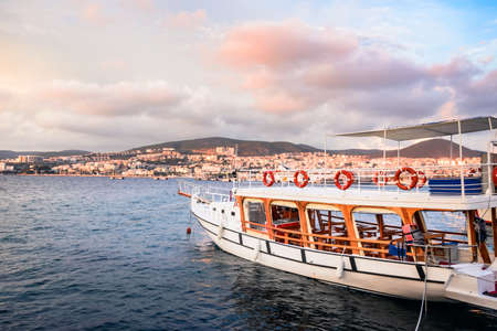 Tourist boat tied at Kusadasi port in Kusadasi, Turkey.の写真素材
