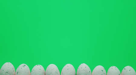 From above background of row of small oval eggs covered with spots on vibrant poison green...