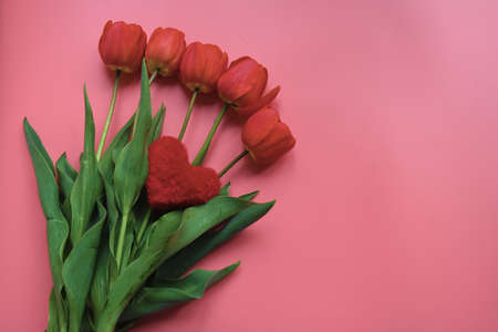 From above of soft red toy heart on bouquet of vivid red delicate tulips with long thin stem and...