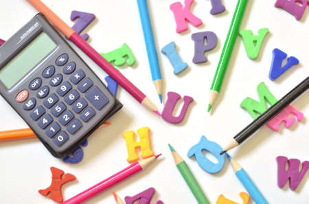 color alphabet ABC with Multicolored pencils calculatorの写真素材