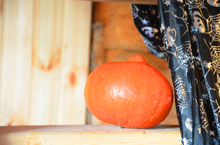 Halloween pumpkin head jack lantern on wooden backgroundの写真素材