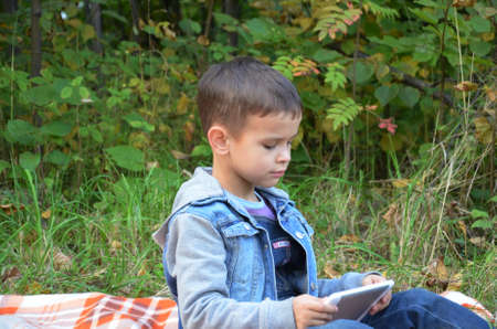Cute little boy in an autumn park on a blanket. Reads plays a tablet. electronic wireless digital.の写真素材