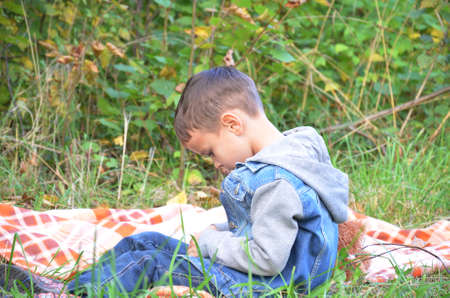 Back view of little boy sitting on the covering in autumn park. next to a toy bearの写真素材