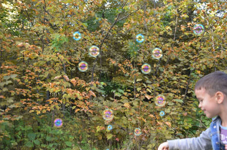 Little boy with bubbles in the fieldの写真素材