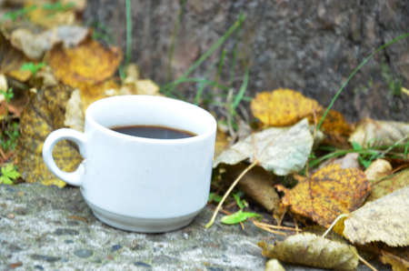 Cup of autumn tea (coffee, chocolate) and yellow dry leaves near, copy space. Hot drink for autumn cold rainy days. Hygge concept, autumn mood.の写真素材