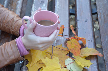 Cup of autumn tea (coffee, chocolate) and yellow dry leaves near, copy space. Hot drink for autumn...