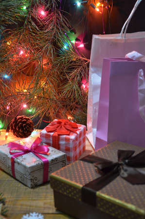 Presents and Gifts under Christmas Tree, Winter Holiday Conceptの写真素材