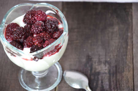 Various dessert breakfast pudding, rice porridge in glass decorated by fresh blackberries, pudding, ice cream, yogurt with blackberries. Beautiful, delicious, low-calorie dessert Breakfast, snack.の写真素材