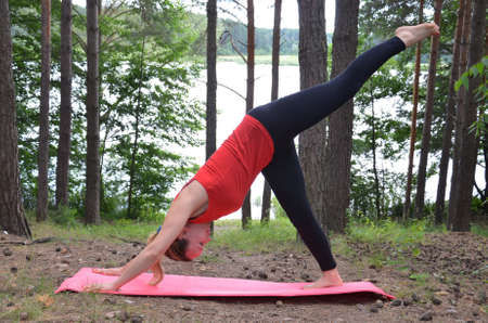 the girl goes in for sports on the nature. yoga. stretching.fitness. aerobics. healthy lifestyle. Fresh air. forest. glade. lake.の写真素材