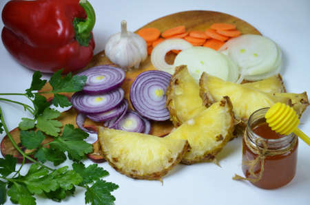 Ingredients traditional honey baked ham, meet, pork fruits and vegetables, ananasの写真素材