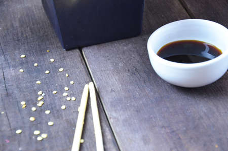 Korean noodles in cardboard box take out on isolated backgroundの写真素材