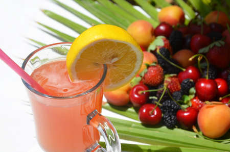 Traditional summer drink sangria. summer Tropical berry or fruit drink. fresh juice. cold refreshing tea. berry smoothies. alcoholic or non-alcoholic drink, cocktail. Against the background of berries and fruit, cherries, apricots, mulberry, strawberries against the background of a palm leafの写真素材