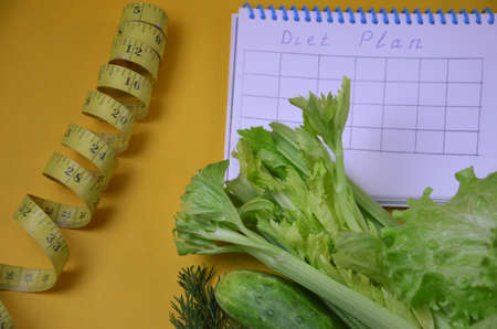 Healthy green smoothie and ingredients on yellow - superfoods, detox, diet, health, vegetarian food. celery, cucumber, parsley, dill. a diet plan in a notebook.の写真素材