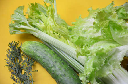 Healthy green smoothie and ingredients on yellow background- superfoods, detox, diet, health, vegetarian food. celery, cucumber, parsley, dill. a diet plan in a notebook.の写真素材
