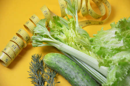 Healthy green smoothie and ingredients on yellow background- superfoods, detox, diet, health, vegetarian food. celery, cucumber, parsley, dill. a diet plan in a notebook.の写真素材