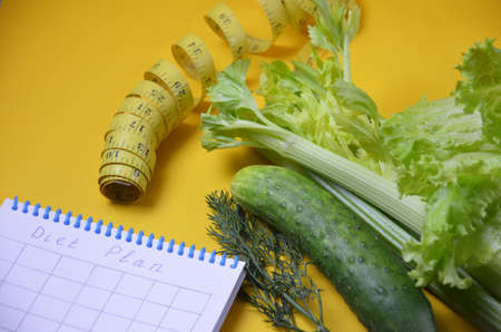 Healthy green smoothie and ingredients on yellow background - superfoods, detox, diet, health, vegetarian food. celery, cucumber, parsley, dill. a diet plan in a notebook.の写真素材
