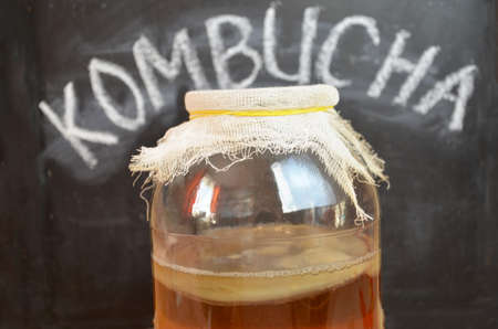fermented drink, jun tea healthy natural probiotic in a glass jar.の写真素材