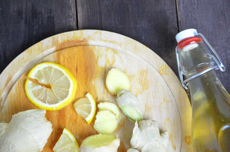 Ginger Ale or Kombucha in Bottle - Homemade lemon and ginger organic probiotic drink, copy space.の写真素材