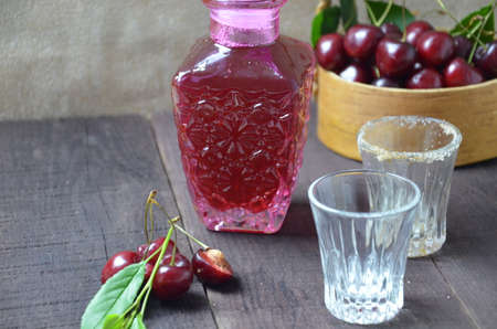 Cherry Drink Mulled Wine, horizontal, selective focus. cherry alcohol tincture. liquor.の写真素材