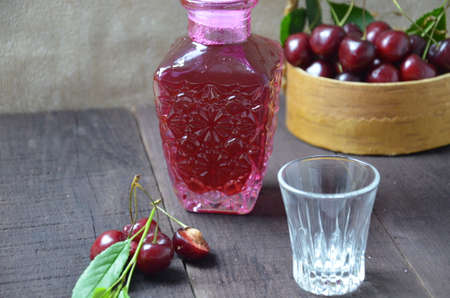 Cherry Drink Mulled Wine, horizontal, selective focus. cherry alcohol tincture. liquor.の写真素材