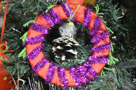 Decorated Christmas tree on blurred, sparkling and fairy backgroundの写真素材