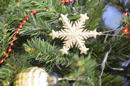 Decorated Christmas tree on blurred, sparkling and fairy backgroundの写真素材