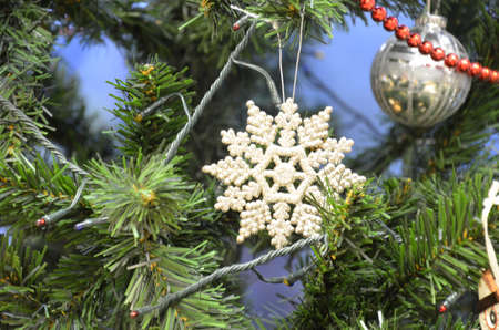 Decorated Christmas tree on blurred, sparkling and fairy backgroundの写真素材