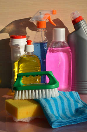Household items,domestic cleaning sanitary supplies. window cleaner, cloth, brush.の写真素材