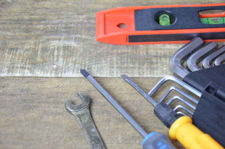 Top view of Working tools,wrench,socket wrench,hammer,screwdriver,plier,electric drill,tape...