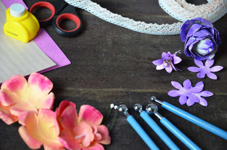 Making a scrap booking birthday card/Scrapbook, Button, Craft, Adult, Art. Sly paper, scissors, knife, for making hand maid postcard, box, for valentine day, mother's day, Easter. Scrapbooking hobbyの写真素材