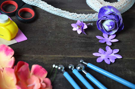 Making a scrap booking birthday card/Scrapbook, Button, Craft, Adult, Art. Sly paper, scissors, knife, for making hand maid postcard, box, for valentine day, mother's day, Easter. Scrapbooking hobbyの写真素材