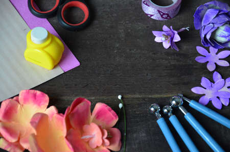 Making a scrap booking birthday card/Scrapbook, Button, Craft, Adult, Art. Sly paper, scissors, knife, for making hand maid postcard, box, for valentine day, mother's day, Easter. Scrapbooking hobbyの写真素材