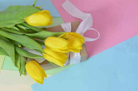 Fresh beautiful yellow tulips and gift box on colorful background. Spring concept. top view with...