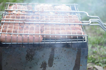 Preparation on bbq. Dish with roasted meat on abstract background. Hot tasty smokey barbecue meal at...