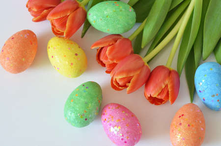Happy Easter. Congratulatory easter background. Easter eggs and flowers tulip on white background..の写真素材