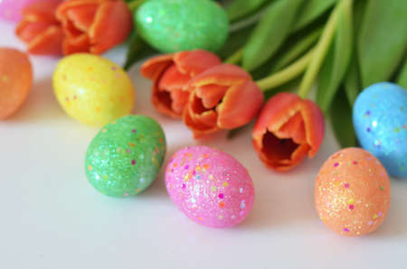 Happy Easter. Congratulatory easter background. Easter eggs and flowers tulip on white background..の写真素材