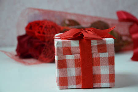 Luxury bouquet made of red roses in flower shop Valentines Bouquet of red roses. beautiful gift tied...