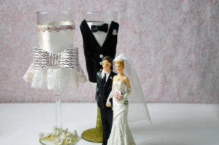champagne glasses decorated by handmade. bride and groom. decoration wedding day.の写真素材
