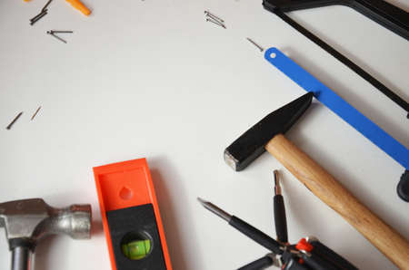 professional builder work with house renovation instruments on white background top viewの写真素材