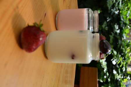 Healthy breakfast - granola, strawberries, cherry, honeysuckle berry, nuts and yogurt in a bowl. Vegetarian concept food. Top view pudding or cocktail on the background of green foliage.の写真素材