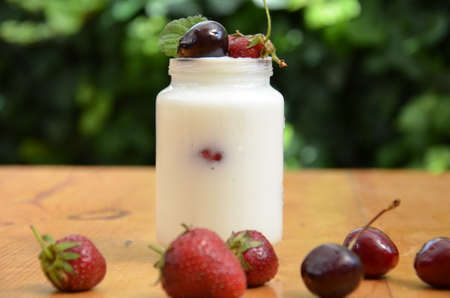 Healthy breakfast - granola, strawberries, cherry, honeysuckle berry, nuts and yogurt in a bowl. Vegetarian concept food. Top view pudding or cocktail on the background of green foliage.の写真素材