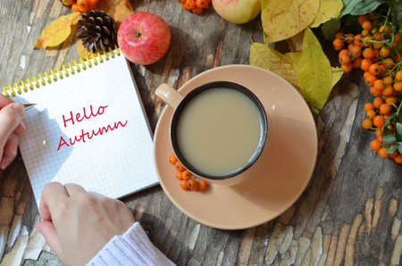 Tag with words hello autumn and the cup of coffee lying on the books with dry yellow maple leaves and everlasting flowers on backgroundの写真素材