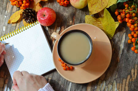 Workspace with golden maple leaves, notebook, coffee cup. Stylish office desk. Autumn or Winter concept. Flat lay, top view. A female hand in a white knitted suite writes in a red handmade notebook, dry autumn leaves, apples and berries next to a cup of cappuccino coffee.の写真素材