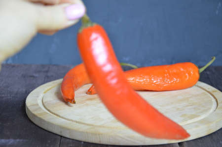 red hot chili pepper corns and pods on dark vintage background, top view.の写真素材