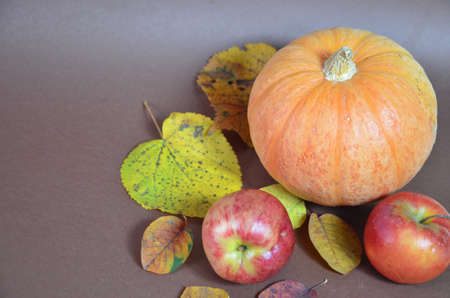 Thanksgiving Day. Pumpkin, pumpkin with autumn leaves and apples. Autumn harvest on a brown background. Happy Thanksgiving Lettering set table for celebration. fork and knife.の写真素材