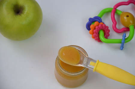 Fresh, organic pureed fruits for baby. Shot for a story on homemade, organic, healthy baby foods.の写真素材