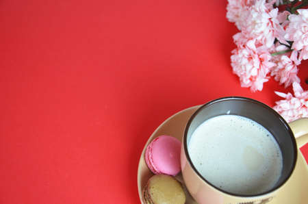 beige cup cappuccino beautiful white-pink aster flowers on a red background. good morning. greeting card. view from above. save space cookies macarune breakfast on Mothers day or Womens day.の写真素材