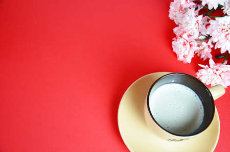 beige cup cappuccino beautiful white-pink aster flowers on a red background. good morning. greeting card. view from above. save space cookies macarune breakfast on Mothers day or Womens day.の写真素材